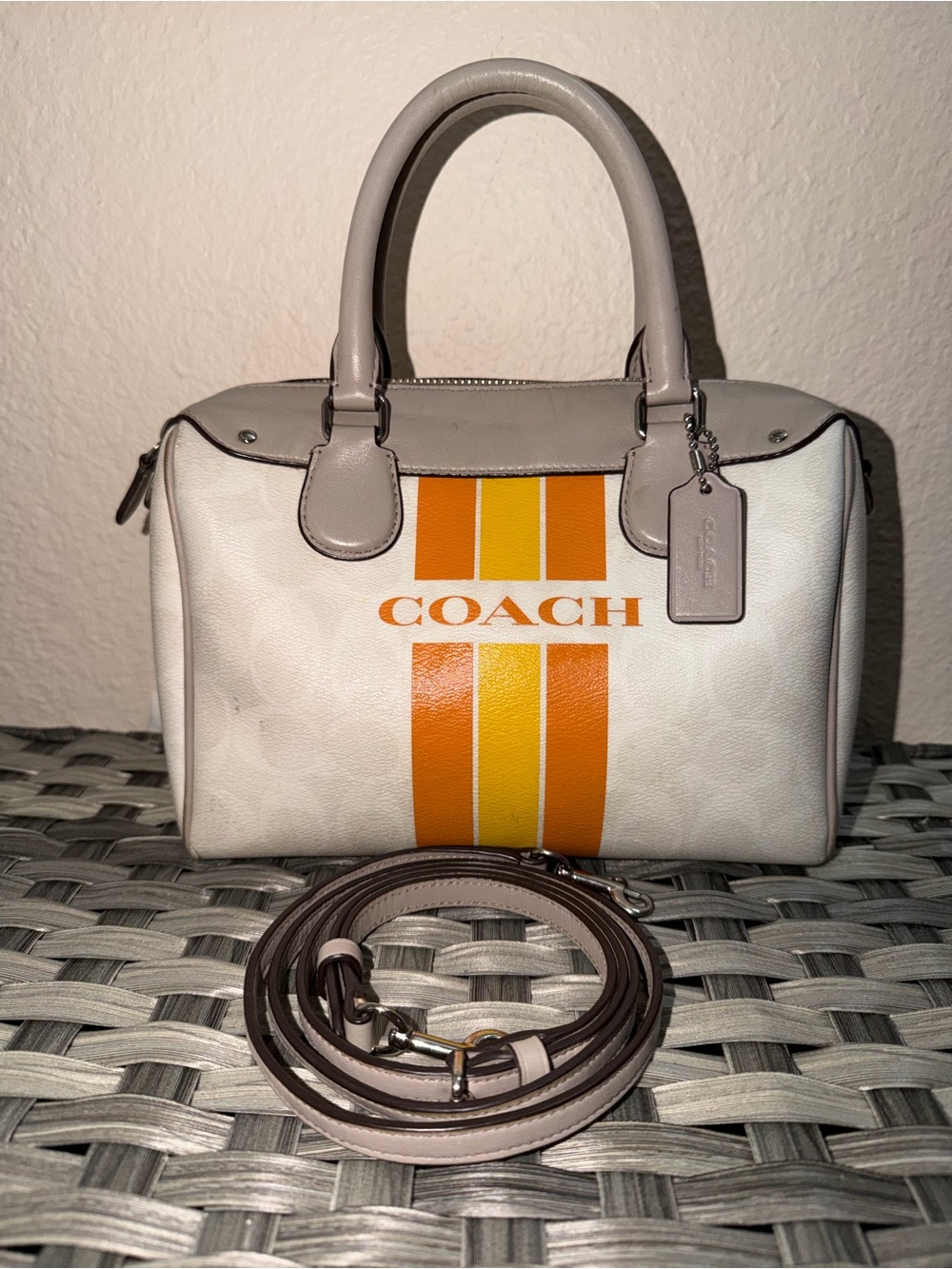 Coach Varsity Stripe Mini Bennett Satchel in Chalk Silver Orange Yellow F38401